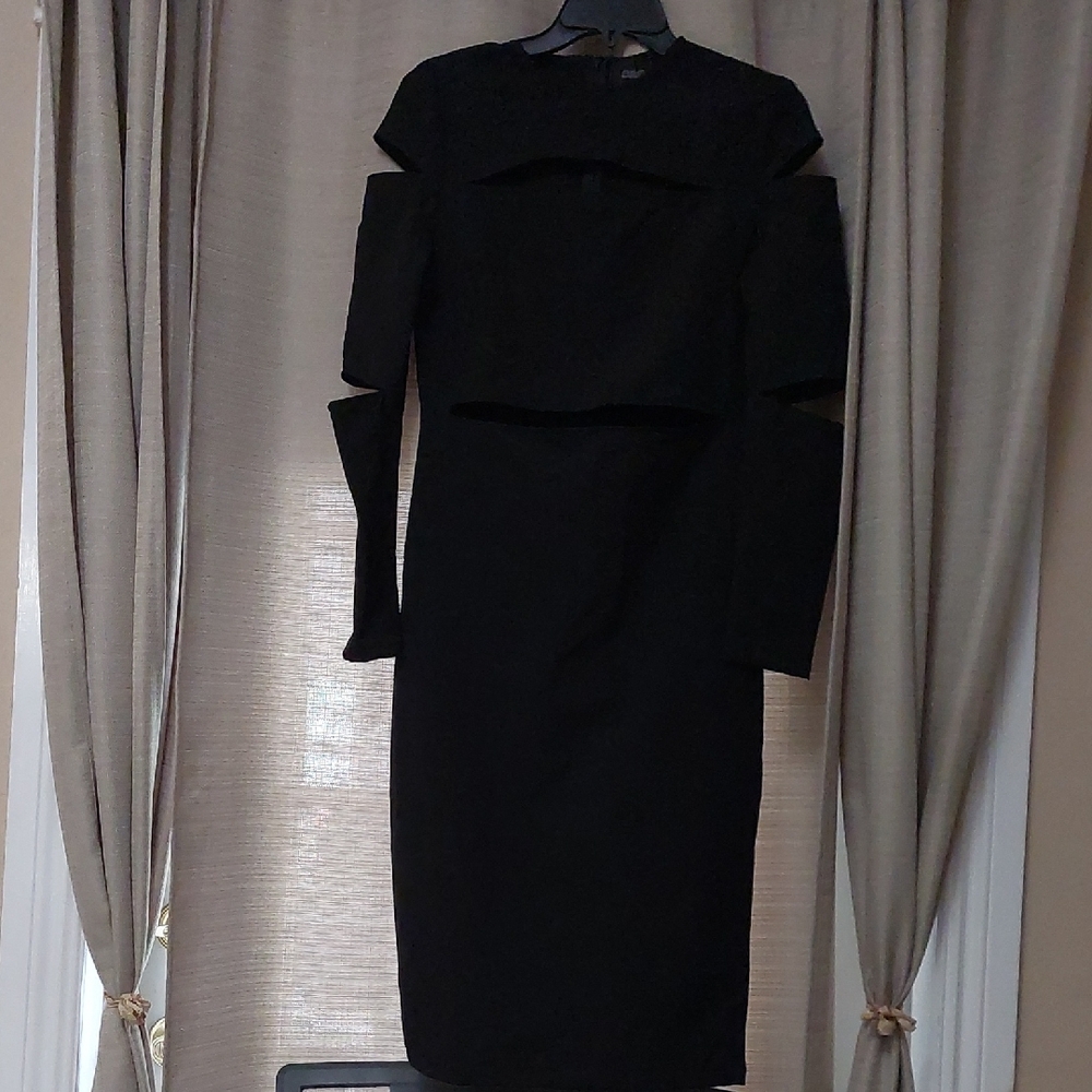 Elegant Black long sleeve multi cut out Dress